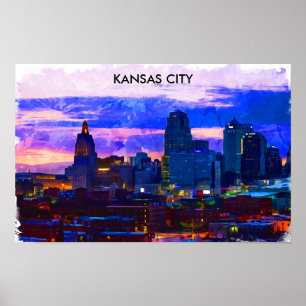 Poster Trendy Kansas City Skyline Viagem Watercolor
