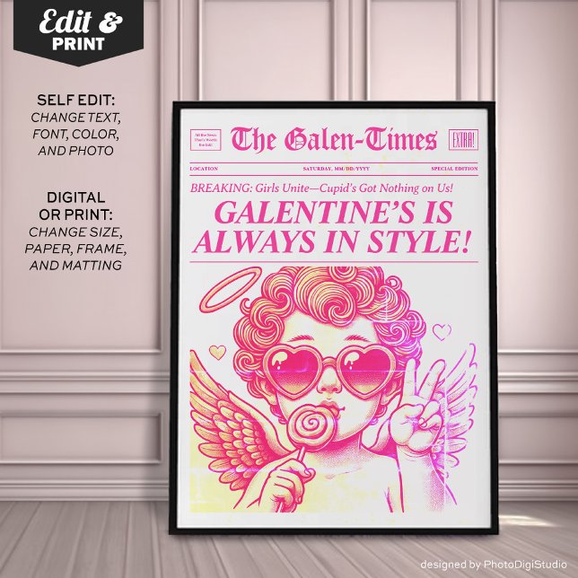 Poster Trendy Newspaper Art Impressão, Galentines Persona (Personalized Trendy Newspaper Art Print, Custom Galentines Gift Poster)