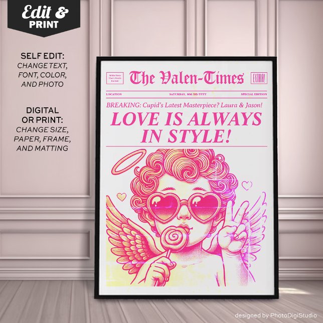 Poster Trendy Newspaper Art Impressão, Pink Cupid Wall Ar (Personalized Trendy Newspaper Art Print, Pink Cupid Wall Art, Love is Always in Style)
