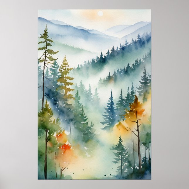 Poster Trendy Watercolor Green Pine Forest Mountain (Frente)