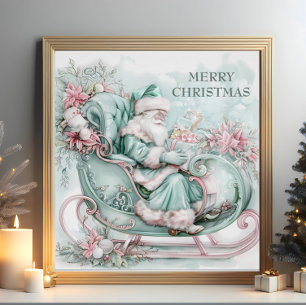 Póster Trenó de Papai Noel Vintage Natal Azul Turquesa Ro