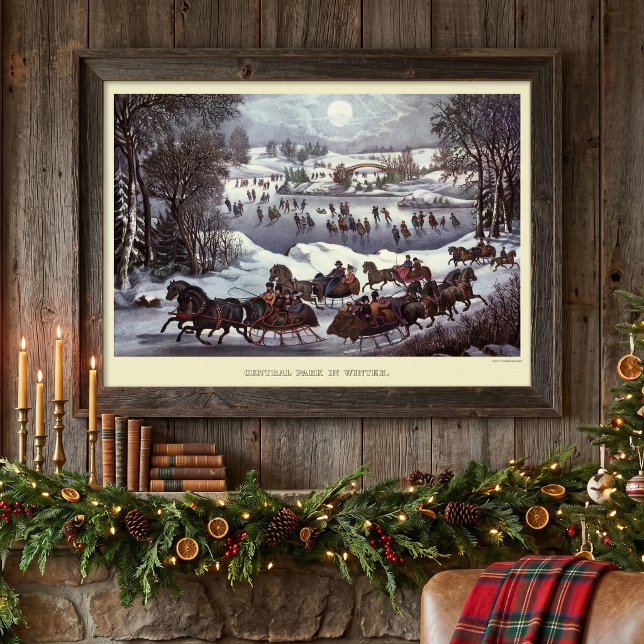 Póster Trenós de Natal Antigos, Central Park no Inverno (Vintage illustration Christmas image originally published by Currier & Ives - Central Park in Winter)