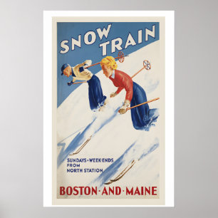 Poster Trens de Neve Esquiando Boston e Maine Esqui Vinta