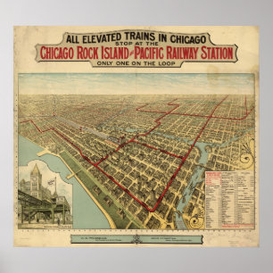 Póster Trens elevados de Chicago 1897 mapas panorâmicos