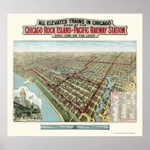 Póster Trens elevados de Chicago, mapa panorâmico do IL 