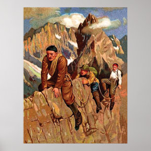 Poster Três alpinistas no pico da montanha, uma colheita