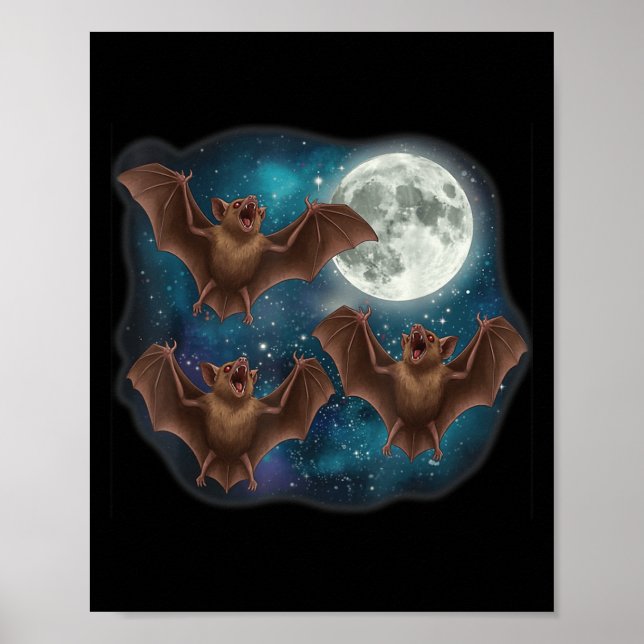 Poster Três Bat Abaixo Da Lua Cheia Engraçada Memória Cós (Frente)