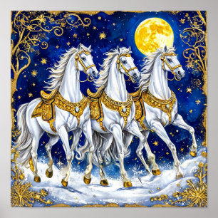 Poster Três Cavalos Brancos Sob o Céu Noturno Estrelado