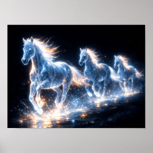 Poster Três Cavalos Brilhantes Correndo no Escuro