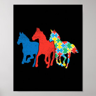 Poster Três Cavalos Puzzle Vermelho Azul Conscientização 