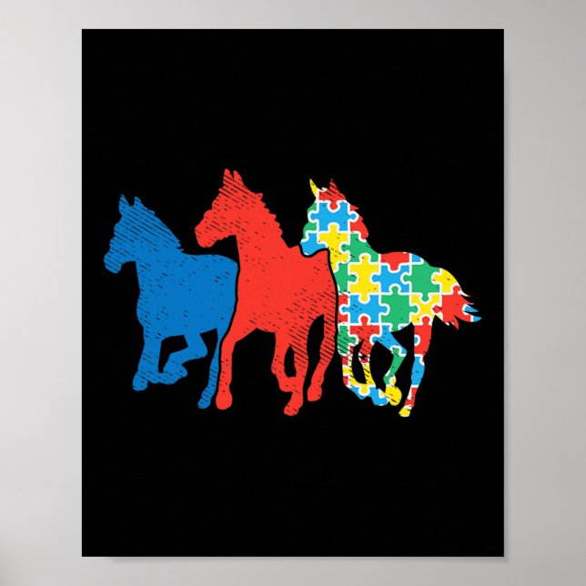 Poster Três Cavalos Quebra-cabeça Vermelho Azul Autismo C (Frente)