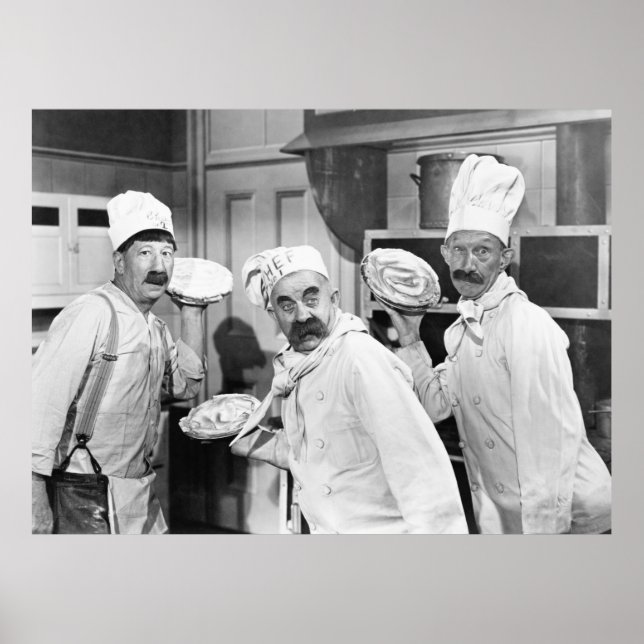 Poster Três chefs segurando tortas para lutar na cozinha (Frente)