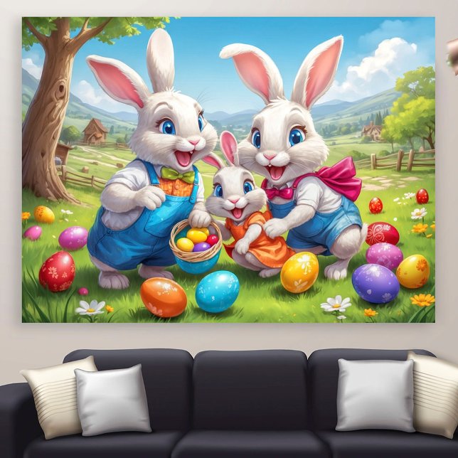 Poster Três Coelhinhos da Páscoa Caça Colorida aos Ovos d (Criador carregado)