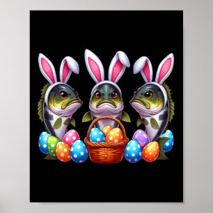Poster Três coelhos de Páscoa B peixes caçando ovos esboç