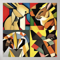 Três Coelhos E Uma Abstrato Geométrica De Leão