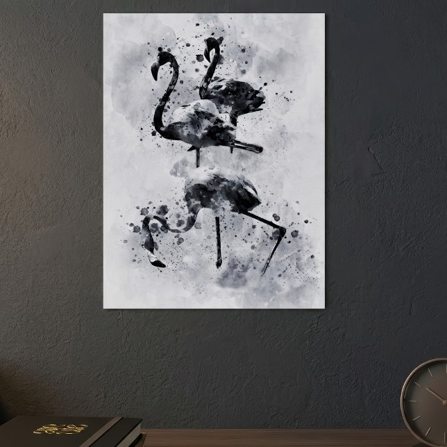Poster Três Flamingos Preto e Branco Aquarela (Three Flamingos Black and White Watercolor. Poster)