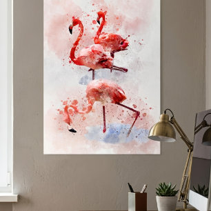 Poster Três Flamingos Rosa Watercolor