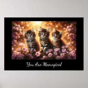 Poster Três Gatinhos Gelados com Flores Rosa