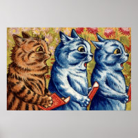 Três gatos cantando. Gouache por Louis Wain, 1925