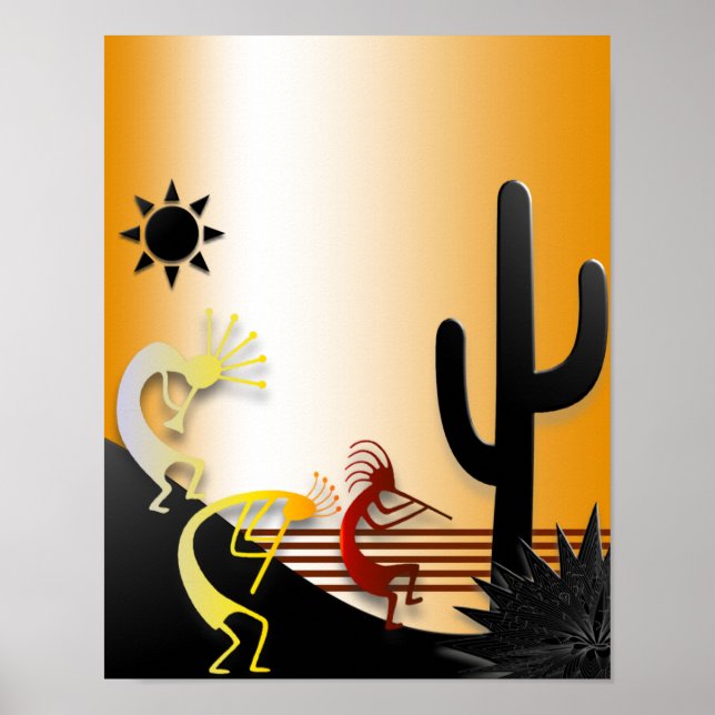 Póster Três Kokopellis e um Cactus (Frente)
