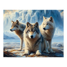 Três lindos lobos árcticos em Glacier Tundra