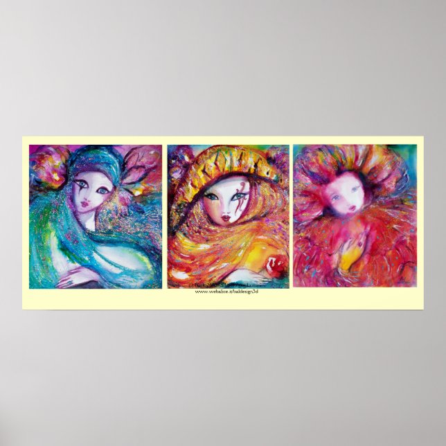 PÓSTER TRÊS MÁSCARAS CARNIVAIS EM AZUL, VERMELHO, AMARELO (Frente)