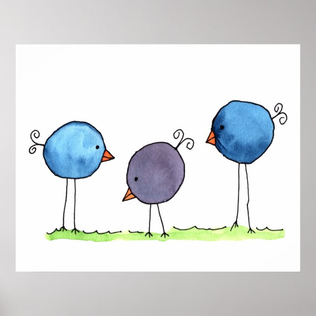 Poster Três Pássaros Aquosos de Aquarela (Frente)