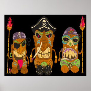 Poster Três Piratas Tiki, Preto Engraçado