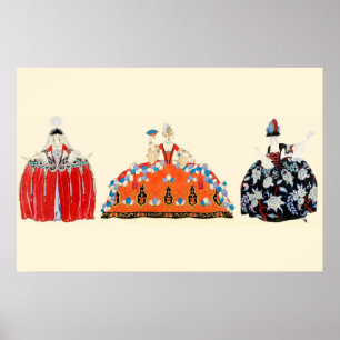 PÓSTER TRÊS SENHORAS ROCOCO, BELEZA, DESIGN DO TRAJE DA