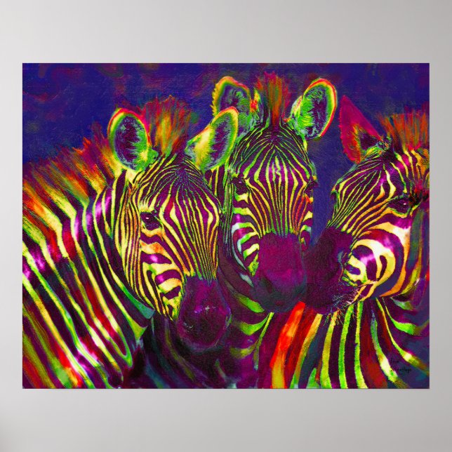 Póster três zebras neon (Frente)