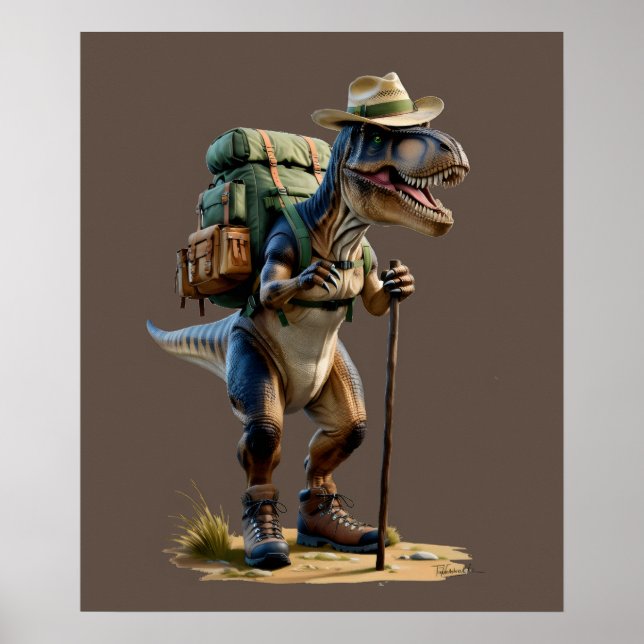 Poster Trex vestindo chapéu com mochila e bengalinha (Frente)