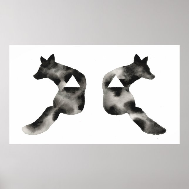 Póster Triângulo de Inkblot Fox preto branco moderno (Frente)