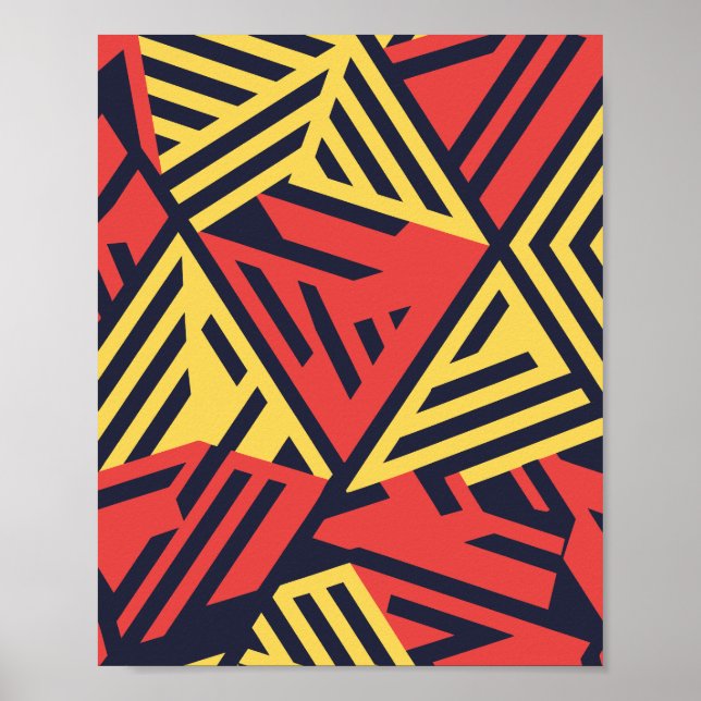 Poster Triângulos geométricos negros em vermelho e amarel (Frente)