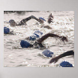 Póster Triathletes competing in swim leg of triathlon.
