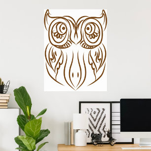 Poster Tribal Owl Line Art Modern Brown Abstrato