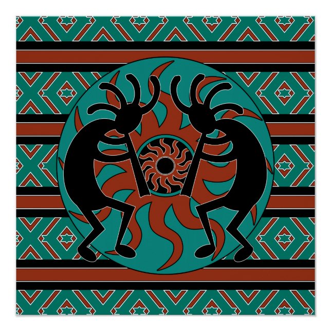 Póster Tribal Sun Kokopelli Turquoise do Sudoeste (Frente)