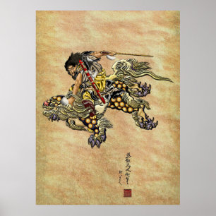 Póster Tributo a Hokusai - Shoki Riding Shishi Lion