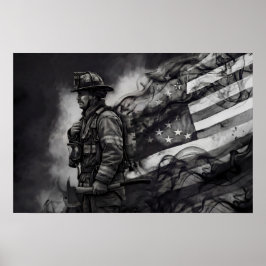 Poster Tributo ao Bombeiro Fumaça Tinta Bandeira American