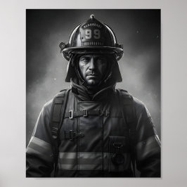 Poster Tributo ao Herói Bombeiro Preto e Branco