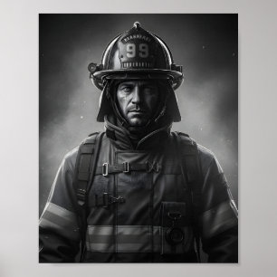 Poster Tributo ao Herói Bombeiro Preto e Branco
