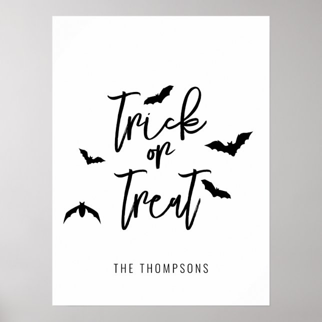 Poster Trick Or Treat Roteiro Preto Com Morcegos Hallowee (Frente)