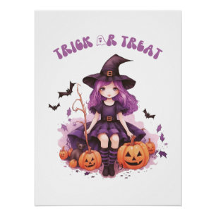 Póster Trick ou Treine Pumpkins e Morcegos de Bruxas Roxa