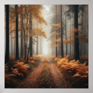 Poster Trilha da Floresta Nebulosa no Brilho do Outono –