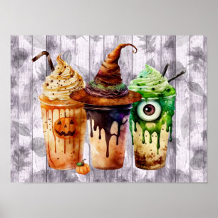 Poster Trio de Aquarela de Bebida de Café de Halloween