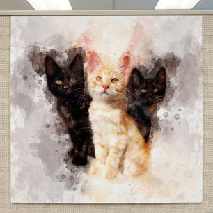 Poster Trio de Aquarela de Lindos Gatinhos Pretos e Laran