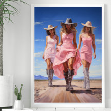 Trio de Cowgirl Costeira em Vestidos Rosa Colorido