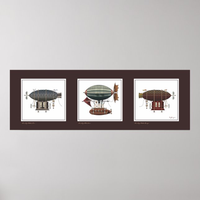 Póster Trio de Fantasias Dirigíveis da nave Steampunk (Frente)