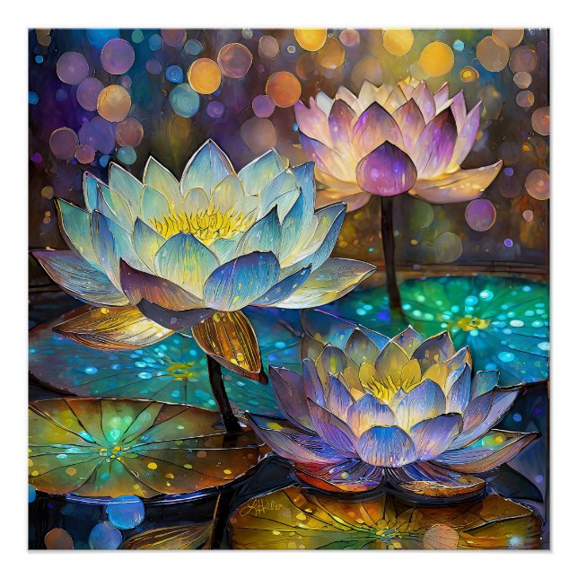 Póster Trio de Flores de Lótus Brilhantes (Frente)