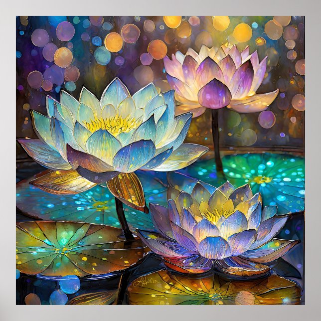 Poster Trio de Flores de Lótus Brilhantes (Frente)