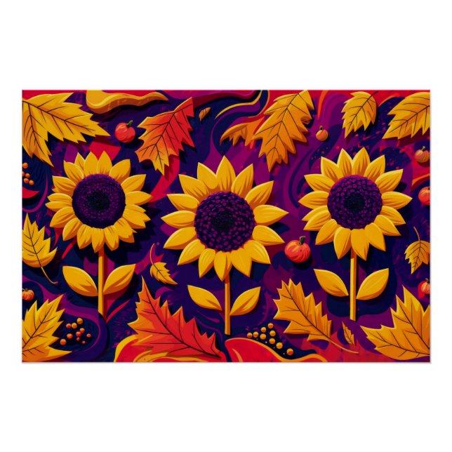 Póster Trio de Girassol Roxo, Flores Folheadas para Queda (Frente)